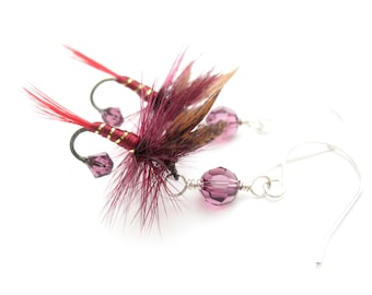 Rustic Burgundy Red and Purple Fly Fishing Lure Hook Earrings with Sterling Silver for Country Women Anglers