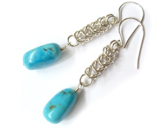 Genuine Turquoise Blue Chainmaille Earrings in Sterling Silver Long Queen's Link or Box Chain Earrings