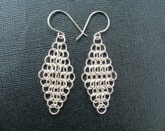 Sterling Silver Diamond Shaped Chainmaille Earrings Chain Mail European 4 in 1 Byzantine Medieval Style Polished Earrings