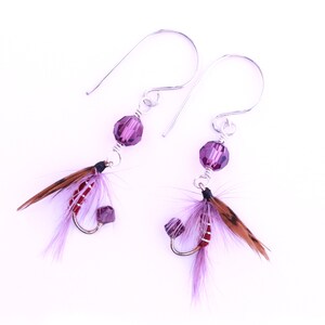 Fly Fishing Lure Earrings Dark Montreal Rustic Burgundy Red and Clear Sterling Silver Fishing Hook Earrings Fly Earrings for Women image 5