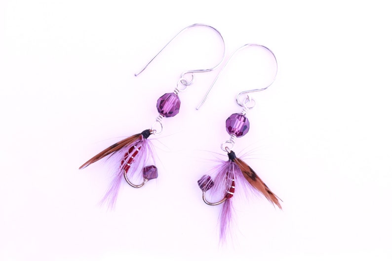 Fly Fishing Lure Earrings Dark Montreal Rustic Burgundy Red and Clear Sterling Silver Fishing Hook Earrings Fly Earrings for Women image 5