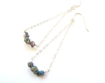 Earrings Sterling Silver "Peacock Ore" Chalcopyrite - Long Dangle Stone Wire Wrapped Chain Earrings