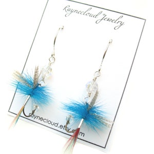 Fly Fishing Lure Earrings - Primary Colors, Blue, Red, Yellow, and Silver - Female Angler Fish Hook Feather Crystal Sterling Silver