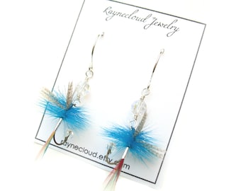 Fly Fishing Lure Earrings: Sterling Silver, Swarovski Crystal