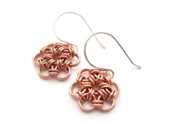 Copper Flower Earrings - Japanese Flower Chainmaille Earrings in Shiny or Aged Copper - Chain Mail Metal Dangle Earrings Rustic Medieval