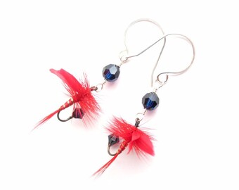 Fly Fishing Lure Earrings - Red and Blue Patriotic Red Sox - With Sterling Silver and Crystals for Women Ladies Girls Fish Hook