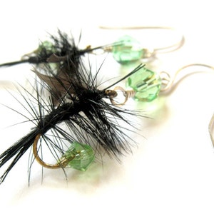 Fly Fishing Lure Earrings - Green and Black - Fishing Lure Jewelry in Sterling Silver - Fly Female Lady Girl Angler Fish Hook Country Girls