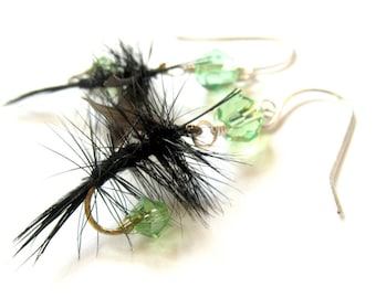 Fly Fishing Lure Earrings - Green and Black - Fishing Lure Jewelry in Sterling Silver - Fly Female Lady Girl Angler Fish Hook Country Girls