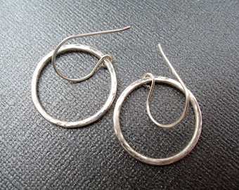 Hoop Earrings - Hammered Argentium Sterling Silver Minimalist Round Circle Hoop Earrings - Simple Basic Textured Geometric Earrings Karma