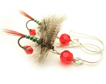 Rustic Christmas Fly Fishing Lure Earrings - Rustic Brown, Red, and Green Xmas Earrings in Sterling Silver - Fish Hook Earrings