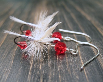 Fly Fishing Lure Earrings - Bright Red and White - Sterling Silver Fishing Hook Earrings for Women Who Fish