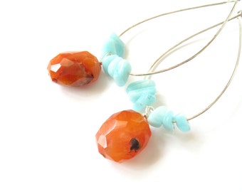 Sterling Silver Hoop Earrings with Amazonite and Carnelian (Mint and orange) - Statement Earrings