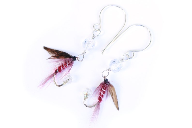 Fly Fishing Lure Earrings Dark Montreal Rustic Burgundy Red and Clear Sterling Silver Fishing Hook Earrings Fly Earrings for Women image 2