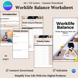 Work Life Balance Worksheet, Weekly Planner for Work-Life Balance, Stress Management Tool, Printable Personal Development Worksheet