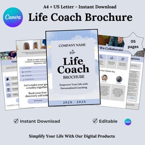 Brochure Template, Life Coach Brochure Template, Editable Coaching Services Brochure,  Digital Marketing Brochure, Life Coach Flyer