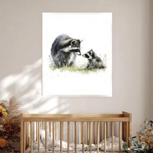 Mommy & Baby Raccoon Wall Art Printable | Woodland Nursery Decor | Watercolor Print | Forest Animal Instant Download | Baby Shower Gift