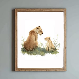 Mommy & Baby Lion Cub Wall Art Printable | Woodland Nursery Decor | Watercolor Print | Jungle Animal Instant Download | Baby Shower Gift