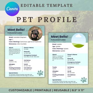 Modello Canva per il profilo dell'animale domestico / Scheda informativa sull'animale domestico / Download digitale Scheda di emergenza per animali domestici / Istruzioni per la cura di cani e gatti / Informazioni per pet sitter