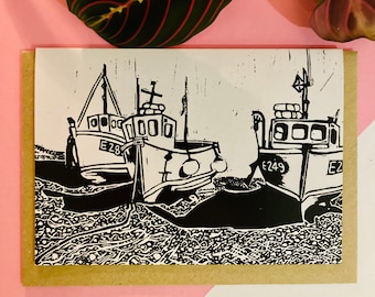 Beer Beach Card - Linoleografia • Stampa • Barche da pesca • Devon • Costa • Marina