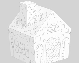 Gingerbread house, Christmas house, 3D coloring crafts, Printable papercraft kit, Paper toy, Colour and cut pages