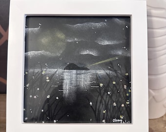 Yellow Moon & Reeds,Noir Art,  Soft Pastel Painting