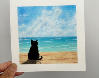 Dipinto di gatto nero in stile pastello di Nagomi, paesaggio originale di spiaggia e oceano, decorazione murale fatta a mano.