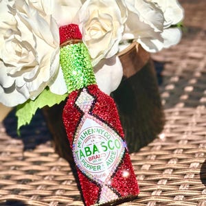Tabasco, hot sauce, kitchen decor, accent, bling condiment bottle, bedazzled bottle, rhinestoned, gift, novelty gift, for her, sparkle
