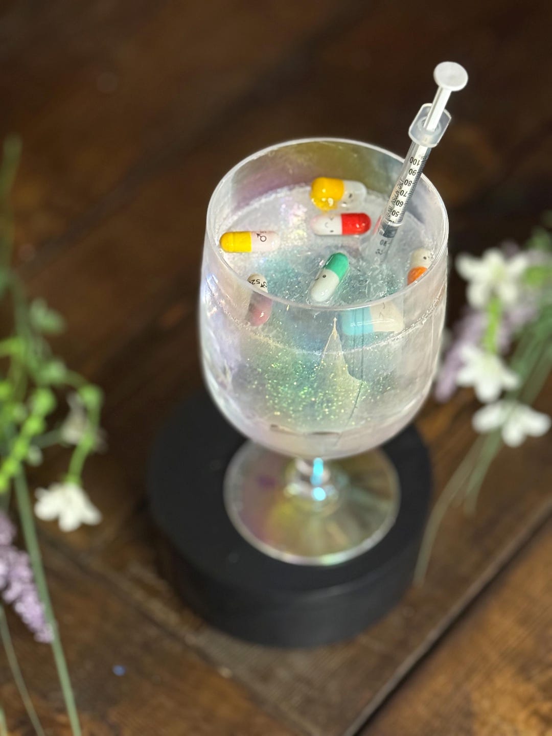 Handmade Glitter Resin Cocktail Glass Art, Syringe & Pills Decor - Etsy