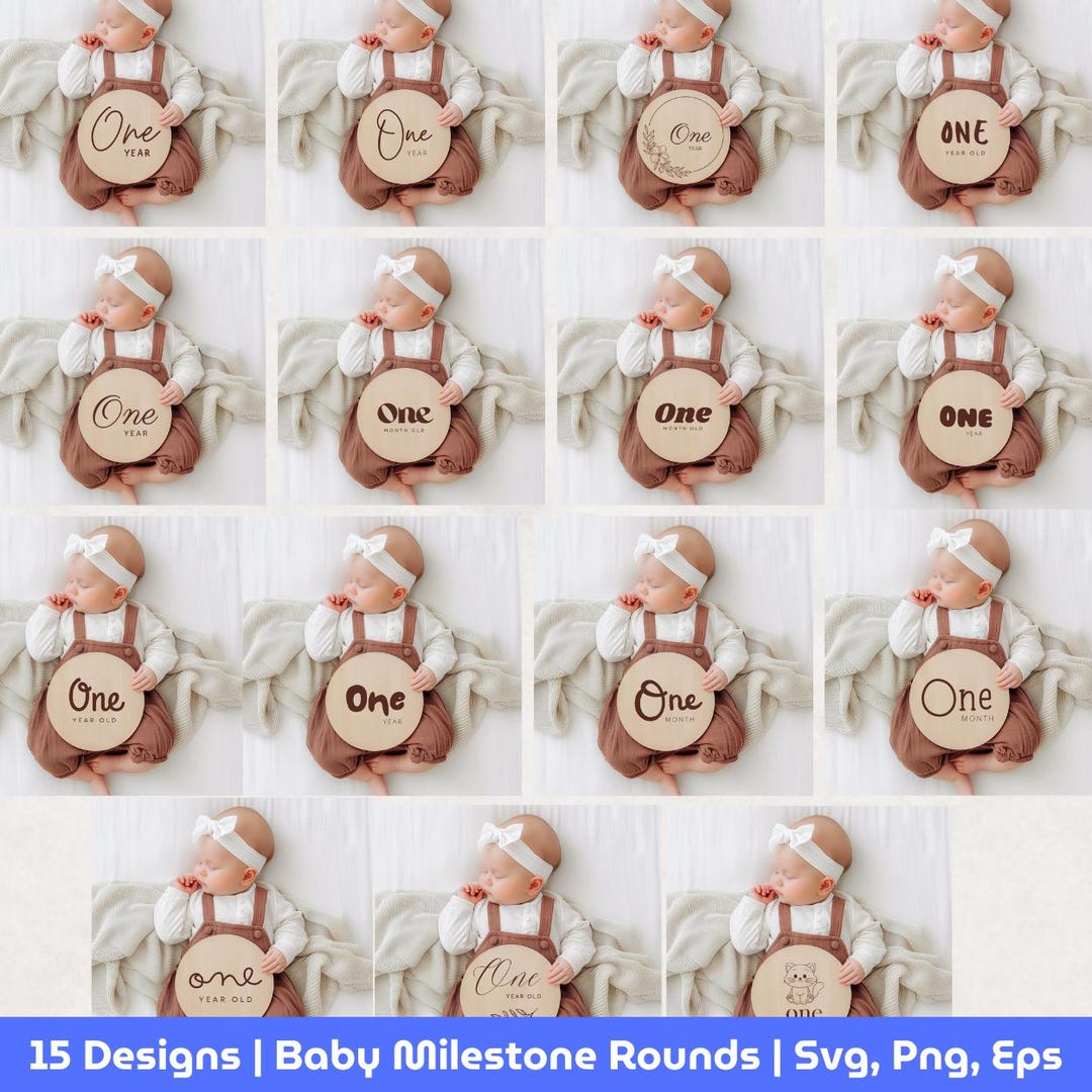 15 Designs, Baby Monthly Milestone Rounds SVG: 1-12 Months, Hello World ...