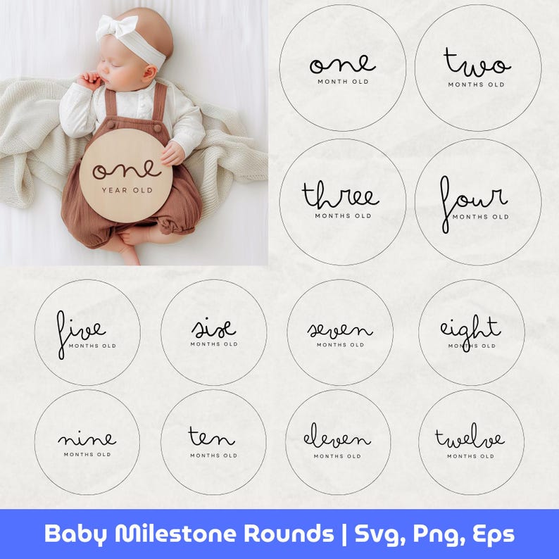 Baby Milestone Rounds SVG Bundle: Birth Stats, Months 1-12 (digital ...