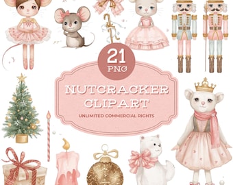 Nutcracker Clipart Bundle, 21 Pastel Christmas Nutcracker PNG, Ballet Mouse Clipart, Festive Watercolor Christmas Graphics for Holiday Decor