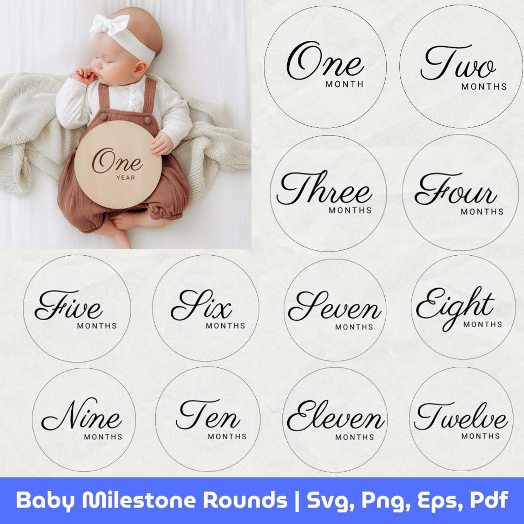 Baby Milestone Rounds SVG Bundle: Birth Stats, Monthly Markers (digital ...