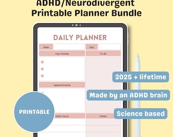 ADHD Planner Bundle - PRINTABLE Adult ADHD workbook, Organizer, Daily Planner, Self Care & Growth Mindset Pages. Science Based