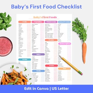 Editable Baby First Food Checklist, Weaning Chart, 160+ First Foods Inventory list, Diet Tracker New Mom, Baby Food Log, Digital Download