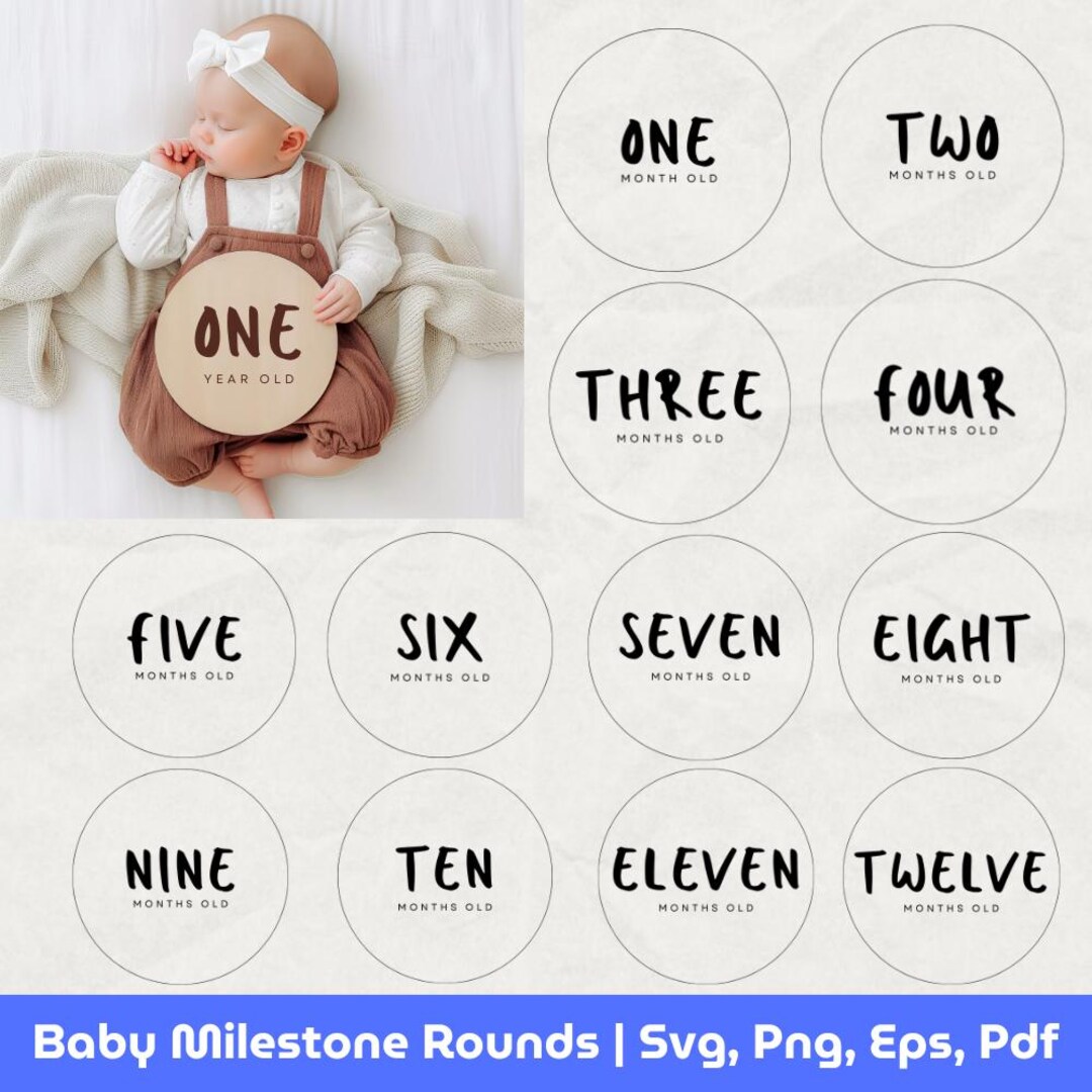 Baby Milestone Rounds SVG Bundle: Birth Stats, Monthly Markers (digital ...