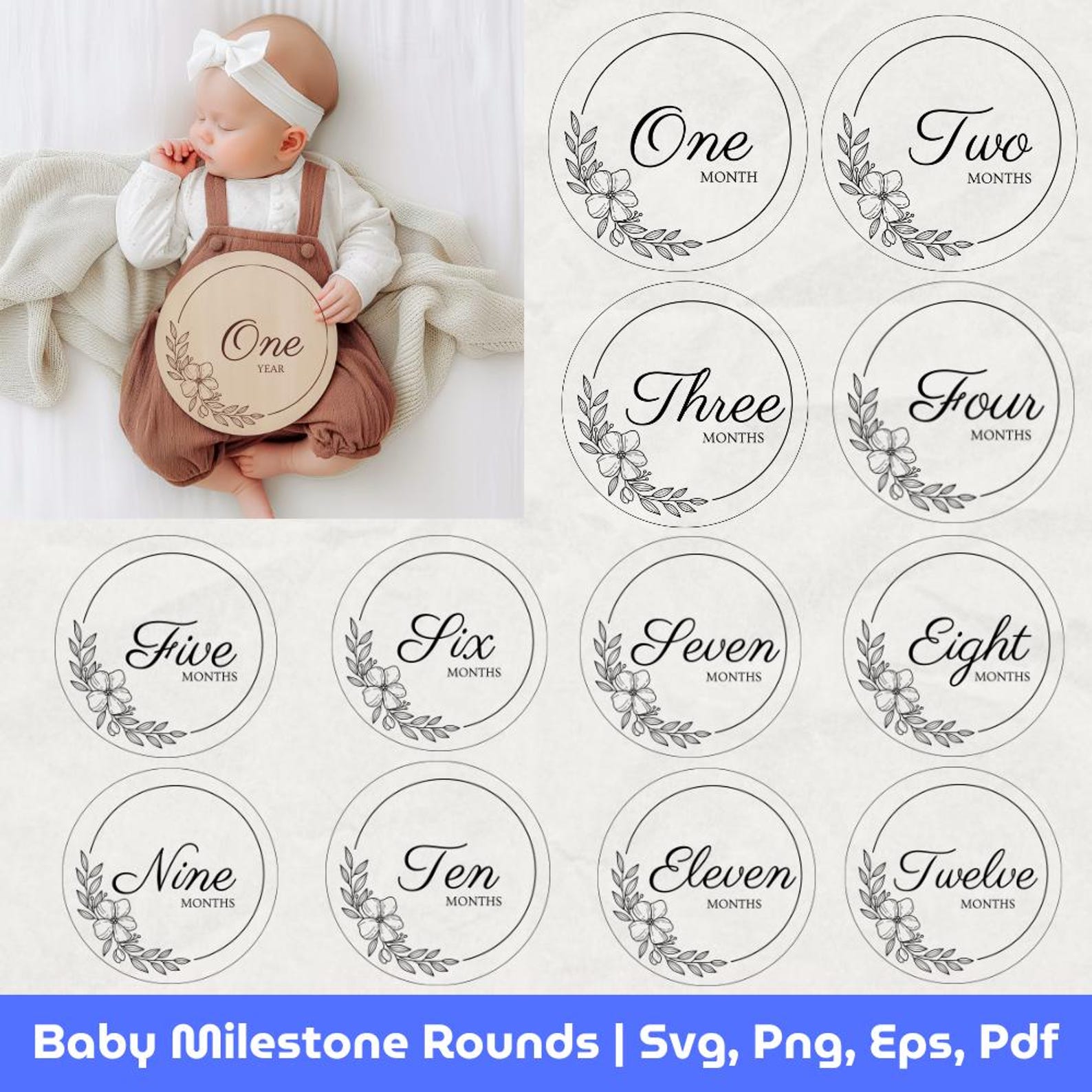 Baby Milestone Rounds SVG Bundle: Floral Monthly Markers (digital ...