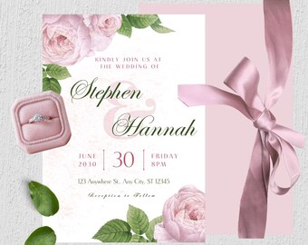 May include: Wedding invitation with pink roses and greenery. The invitation reads "Kindly join us at the wedding of Stephen & Hannah June 30, 2030 Friday 8PM 123 Anywhere St., Any City, ST 12345 Reception to Follow"