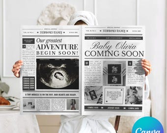 Pregnancy Announcement Editable Template, Baby Announcement Newspaper, Newborn Reveal, Canva Template, Baby in Bloom, Digital Download