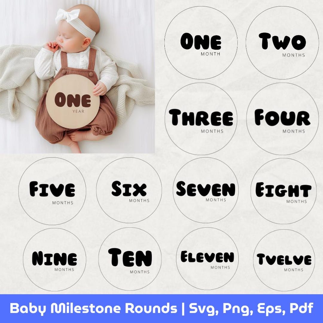 Baby Milestone Rounds SVG Bundle: Birth Stats, Monthly Markers (digital ...