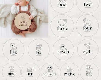 Animal Baby Milestone Rounds SVG Bundle: Birth Stats, Monthly Markers (Digital Download)