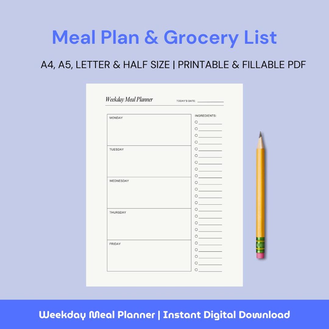 Weekly Meal Planner Printable: Grocery List, A4/a5/letter Sizes ...