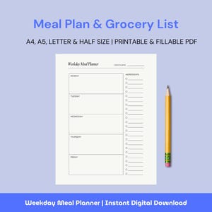 Tygodniowy plan posiłków z listą zakupów | Szablon do wydruku | 7-dniowy plan menu | Planer żywności | Zdrowie i fitness | A4/A5/Letter/Half Letter