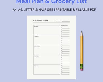 May include: A printable and fillable weekday meal planner with a grocery list. The planner is divided into five sections for each day of the week: Monday, Tuesday, Wednesday, Thursday, and Friday. There is a section for ingredients on the right side of the page.