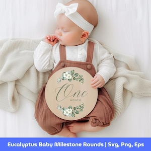 Lot de svg eucalyptus jalon bébé rond, jalon mensuel svg, svg faire-part de bébé, statistiques de naissance, marqueurs d'étape