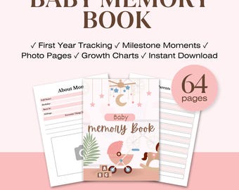 Baby Memory Book Printable First Year Journal Baby Book Keepsake Milestone Tracker Baby Shower Gift Digital Download Editable Canva Template
