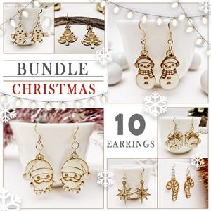 May include: A bundle of 10 Christmas-themed earrings. The earrings are made of light-colored wood and feature designs such as gingerbread men, Christmas trees, snowmen, Santa Claus, gift boxes, starbursts, and candy canes. The text "BUNDLE CHRISTMAS" and "10 EARRINGS" are also visible.