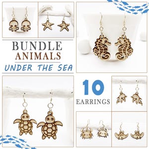May include: A collection of ten pairs of wooden earrings featuring sea creatures. Designs include octopuses, starfish, seahorses, turtles, crabs, and stingrays. The text "BUNDLE ANIMALS UNDER THE SEA" and "10 EARRINGS" are also displayed.