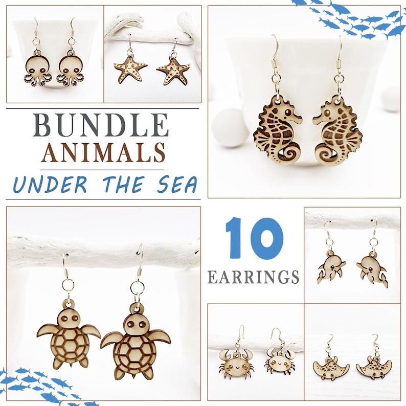 May include: A collection of ten pairs of wooden earrings featuring sea creatures. Designs include octopuses, starfish, seahorses, turtles, crabs, and stingrays. The text "BUNDLE ANIMALS UNDER THE SEA" and "10 EARRINGS" are also displayed.
