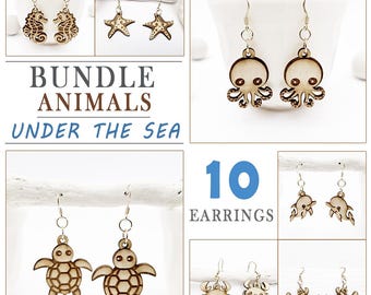 Sea Animals Wood Earring Bundle Laser svg: 10 Original Cute Earrings Files - Sea Turtle, Dolphin, Octopus, Whale, Fish, Crab, Manta Ray,...