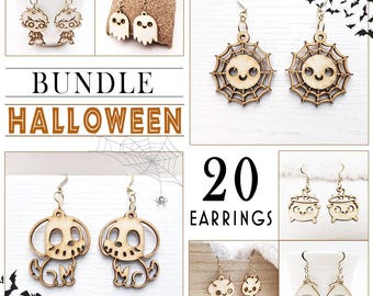 Halloween Bundle 20 Wood Earrings svg Laser Cut Files - Original Chibi Collection